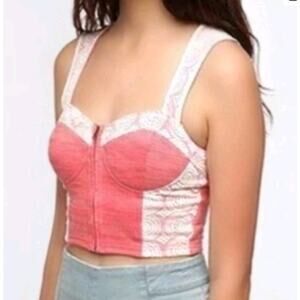 Pins & Needles Urban Outfitters Bustier Pink Open Back Front Zip Lace Crop Top L